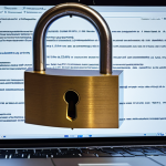 **

Cybersecurity risk in open source: A cracked padlock on a laptop screen displaying lines of code, surrounded by legal documents. Emphasize a sense of vulnerability and legal entanglement.

**