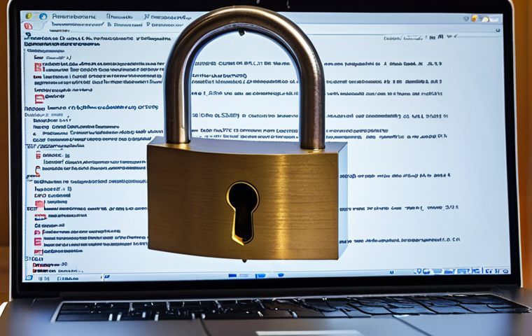 **
Cybersecurity risk in open source: A cracked padlock on a laptop screen displaying lines of code, surrounded by legal documents. Emphasize a sense of vulnerability and legal entanglement.
**