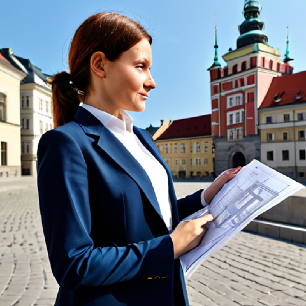 **

"A professional female architect, fully clothed in a stylish and modest business casual outfit (e.g., blouse, tailored trousers, blazer - appropriate attire for a Warsaw design firm), reviewing blueprints on a sunlit construction site in Kraków's Old Town. In the background, the Wawel Castle is visible. Safe for work, appropriate content, perfect anatomy, natural proportions, professional, family-friendly, well-formed hands, proper finger count, natural body proportions."

**
