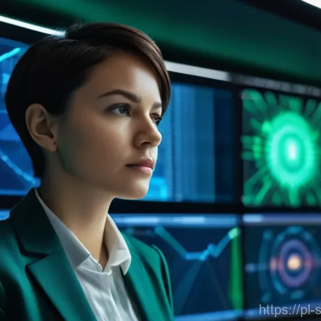 소프트웨어 공급망 보안의 산업별 사례 연구 - A focused female cybersecurity expert in her late 20s, with short, stylish hair, intensely monitorin...