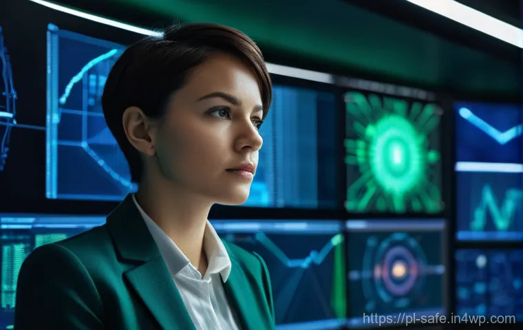 소프트웨어 공급망 보안의 산업별 사례 연구 - A focused female cybersecurity expert in her late 20s, with short, stylish hair, intensely monitorin...