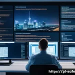 소프트웨어 공급망 보안에서의 정보 공유 플랫폼 - A futuristic cybersecurity command center with diverse IT professionals collaborating in front of mu...