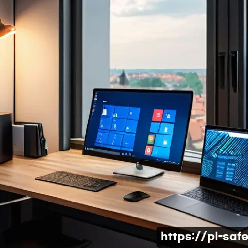 리모트 워크 환경에서의 소프트웨어 공급망 보안 - A modern home office setup in Poland, showing a diverse array of devices including a corporate lapto...
