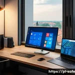리모트 워크 환경에서의 소프트웨어 공급망 보안 - A modern home office setup in Poland, showing a diverse array of devices including a corporate lapto...