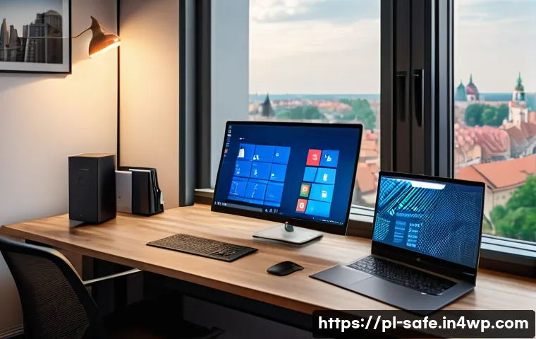 리모트 워크 환경에서의 소프트웨어 공급망 보안 - A modern home office setup in Poland, showing a diverse array of devices including a corporate lapto...