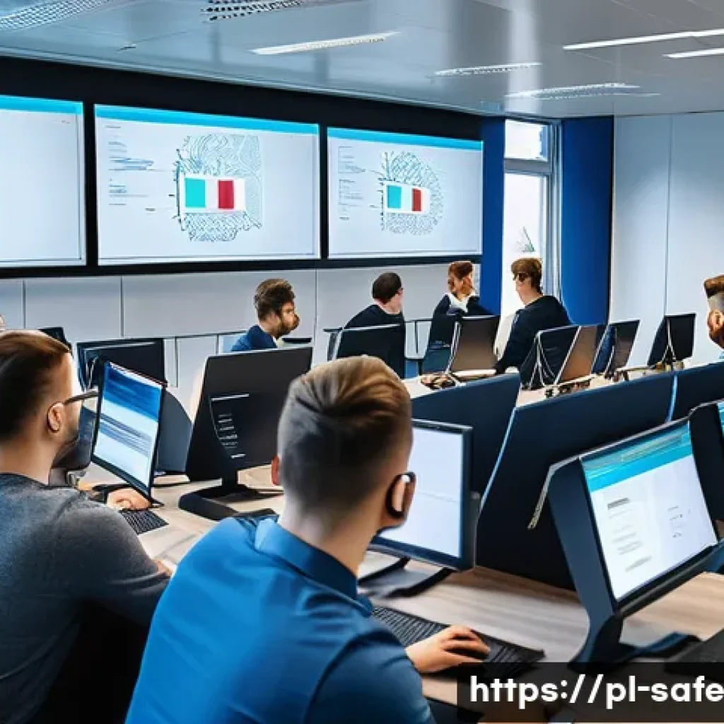 소프트웨어 공급망 보안 관련 인력 양성 전략 - A modern IT training workshop scene in Poland, featuring diverse young professionals wearing casual ...