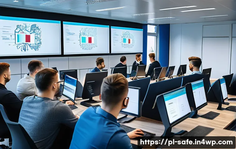 소프트웨어 공급망 보안 관련 인력 양성 전략 - A modern IT training workshop scene in Poland, featuring diverse young professionals wearing casual ...